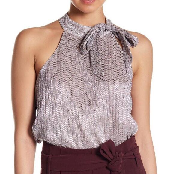 Parker | NWT Blush Pink Silver Metallic Tie Neck A-line Sleeveless Blouse - Picture 2 of 10